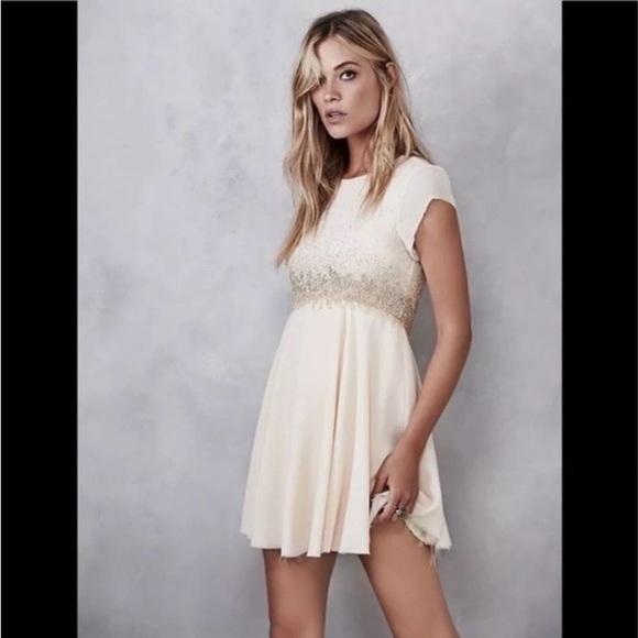 Free People Champagne Sequin Beaded Embellished Chiffon Formal Babydoll Dress - Picture 5 of 11